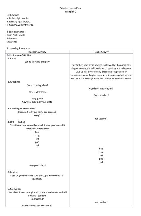 E Detailed Lesson Plan Detailed Lesson Plan In English I