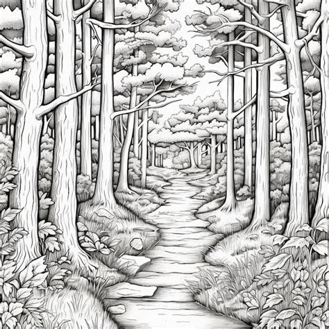 Premium AI Image | a drawing of a path through a forest with trees and ...