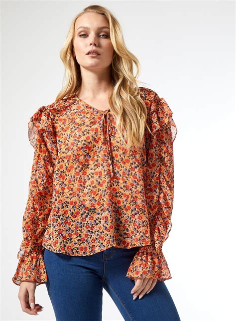 Dorothy Perkins Womens Tall Multi Floral Print Ruffle Blouse Long Sleeve Top