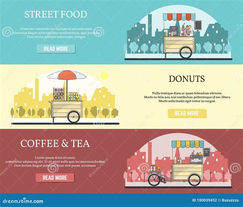 Vector Set Of Tricycle Street Food Bike Horizontal Banners Stock Vector