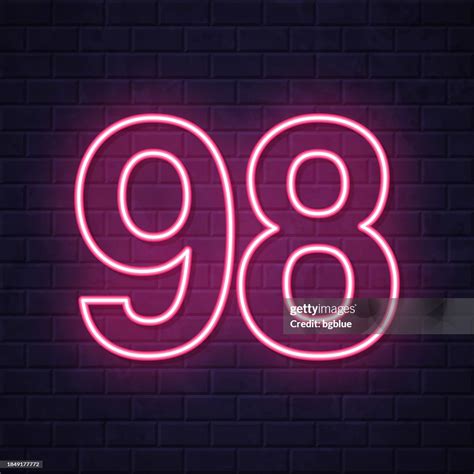 98 Number Ninetyeight Glowing Neon Icon On Brick Wall Background High