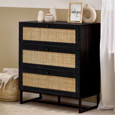 Padstow Black Rattan 3 Drawer Wooden Chest Happy Beds