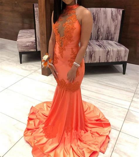 Orange Satin Prom Dresses Sexy Mermaid Beading Lace Applique Evening