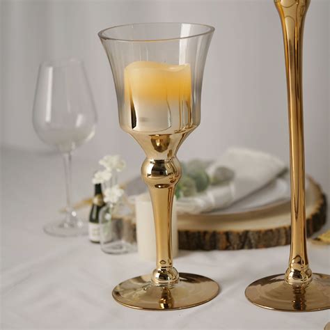 Set Of 3 Chrome Gold Long Stem Ombre Glass Goblet Candle Holder Set 20 16 12 Efavormart