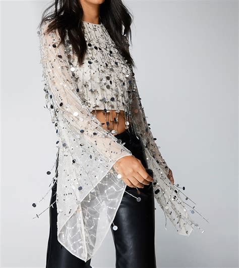 Buy Nasty Gal Flared Sleeves Disc Tassel Beaded Crop Top In Silver