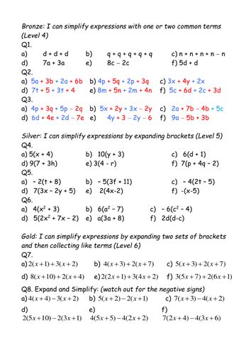 Expand Brackets And Simplify Expressions Differentiated Worksheet Teaching Resources