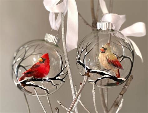 Cardinal Ornament Set Of Two Male Female Red Bird Winter Etsy