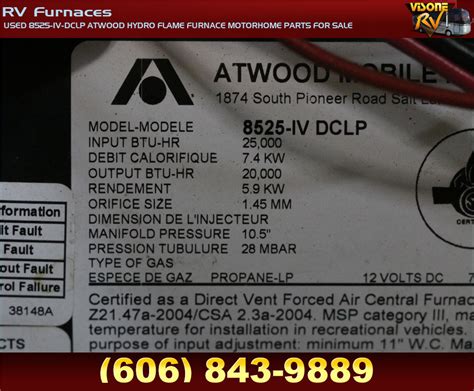 RV Appliances USED 8525 IV DCLP ATWOOD HYDRO FLAME FURNACE MOTORHOME