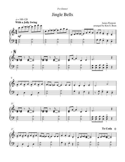 Jingle Bells Arr Kim S Bean By James Pierpont Sheet Music For Piano