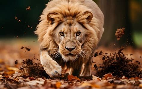 Premium AI Image Majestic Lion Running Towards Camera