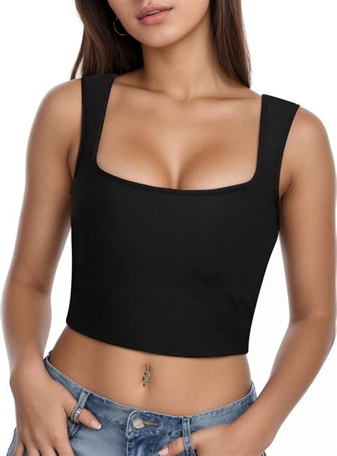 Sunzel Womens Sexy Sleeveless Crop Top Seamless Wide Square Neck Going Out Tops Summer Trendy