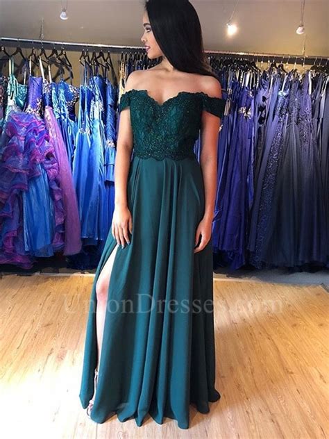 Elegant Long Dark Green Chiffon Lace Beaded Prom Evening Dress Off The