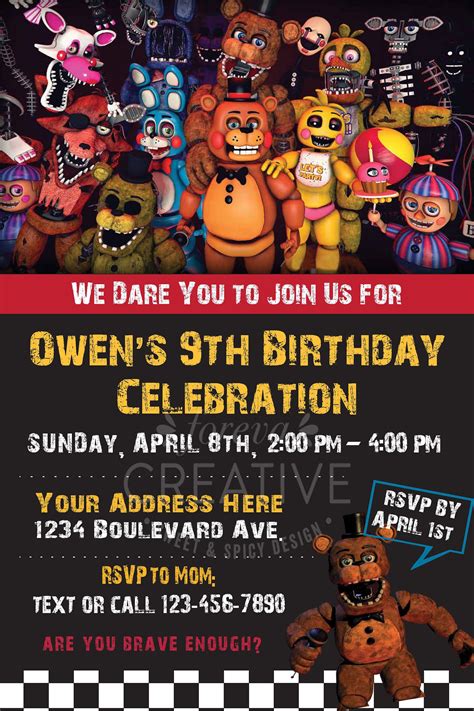 4x6 Or 5x7 Fnaf Birthday Invitation Five Nights At Freddys Free