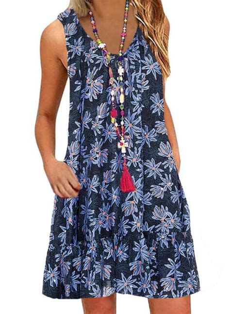 Floral Tunic V Neckline Above Knee Shift Dress Flrfashion