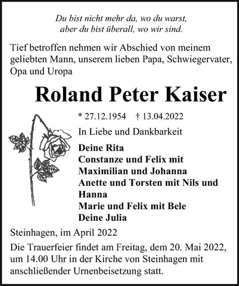 Traueranzeigen Von Roland Peter Kaiser Trauer Anzeigen De