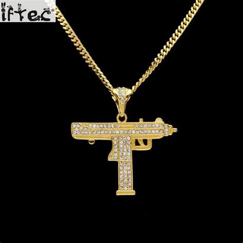 Iced Out Uzi Gun Pendant Bling Bling Rhinestone Stainless Steel Gold