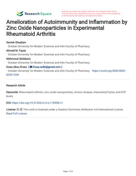 Pdf Amelioration Of Autoimmunity And Inflammation By Zinc Oxide