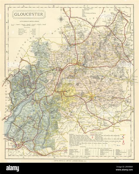 Gloucestershire county map showing Post Towns & Market Days. LETTS 1884 Stock Photo - Alamy