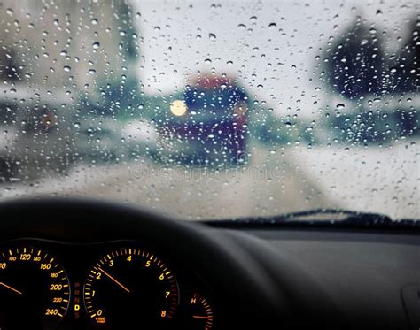 Raindrops On Windshield Of Car Stock Photo Image Of Storm Blur