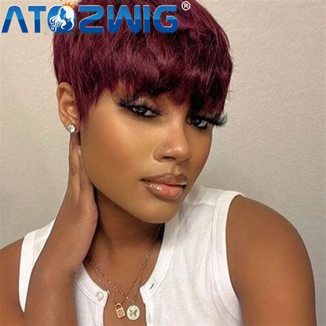 Short Pixie Cut Wig For Black Women Straight Burgundy Red Human Hair No