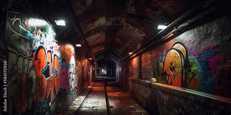 Long empty tunnel with graffiti on the wall. Bright graffiti in an ...