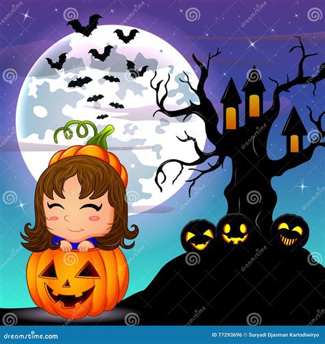 Fondo De La Noche De Halloween Con La Niña Linda En Calabaza De La