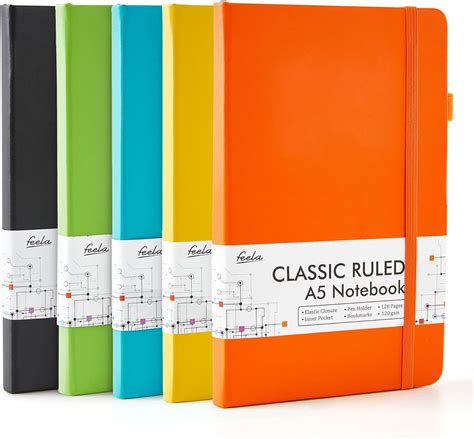 feela Notizbuch A5 liniert Hardcover 5 buntes Notizbücher Set Journal