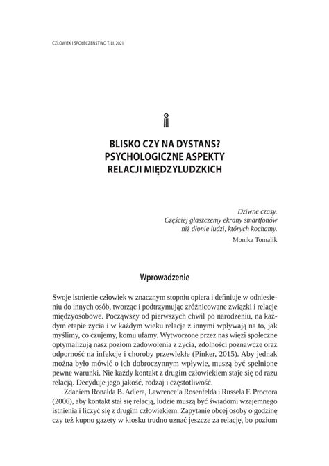 Pdf Blisko Czy Na Dystans Psychologiczne Aspekty Relacji Mi Dzyludzkich