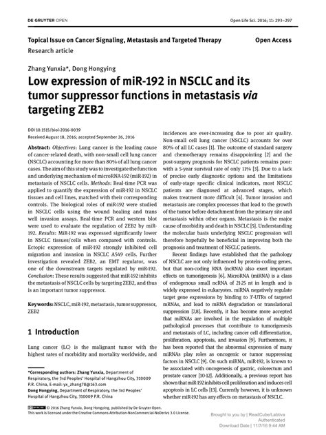 PDF Low Expression Of MiR 192 In NSCLC And Its Tumor Suppressor