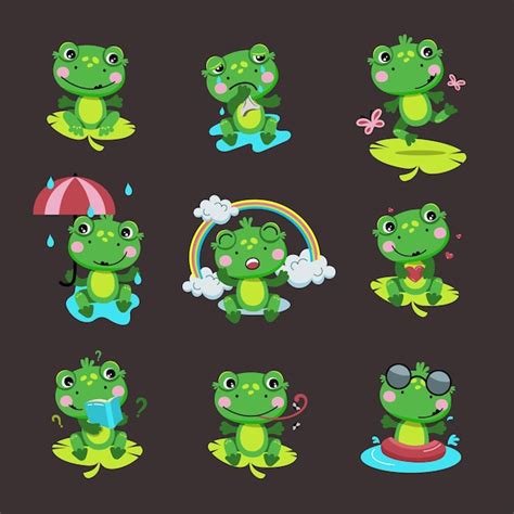 Premium Vector Cute Green Frog A Set Of Frogs In Different Situations