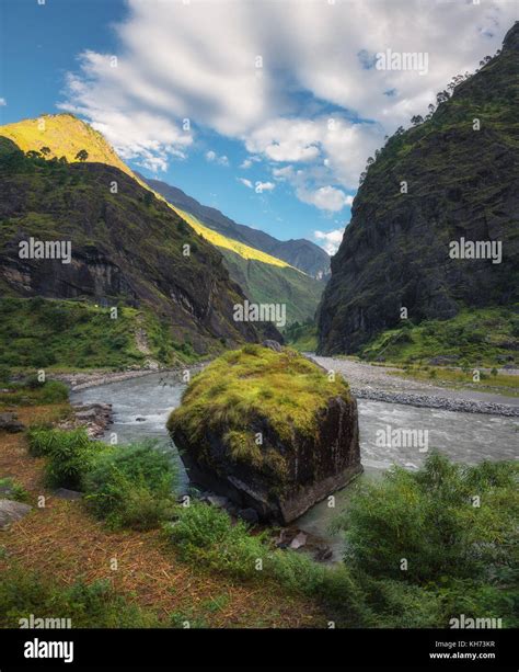 Amazing View With High Himalayan Mountains Beautiful River Green