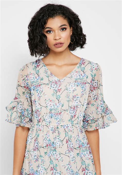 Buy Ella Prints Floral Print Ruffle Sleeve Midi Dress For Women In