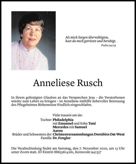 Todesanzeigen Von Anneliese Rusch Todesanzeigen Vorarlberger Nachrichten