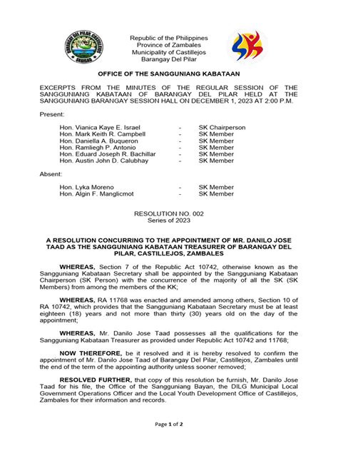 R002 2023 Sk Reso For Appointment Of Sk Treasurer Pdf Government Philippines