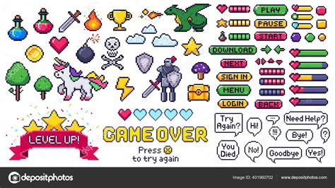 Pixel Game Elements Set Digital Life Bars And Menu Button As Menu
