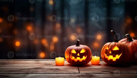 Halloween Pumpkins Head Jack Lantern With Burning Candles Spooky