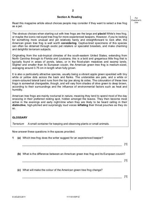 Cambridge Checkpoint English P1 Specimen 2012