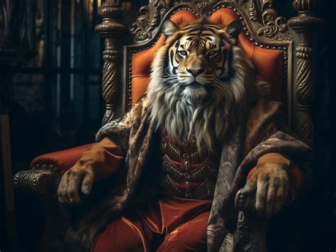 Premium Photo Anthropomorphic Tiger King In Regal Attire Sitting On