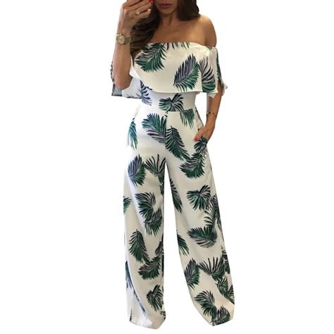 Off Shoulder Bohemian Floral Print Jumpsuit Slash Neck Loose Casual