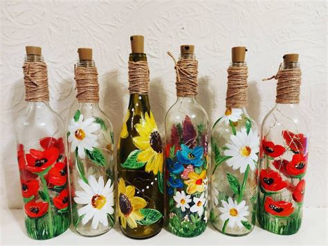 Hand Painted Bottle With Lights Daisy Design Etsy