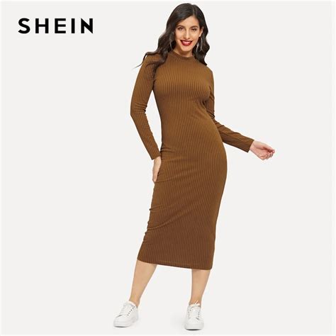 Shein Brown Mock Neck Ribbed Knit Solid Round Neck Long Slim Fit Dress