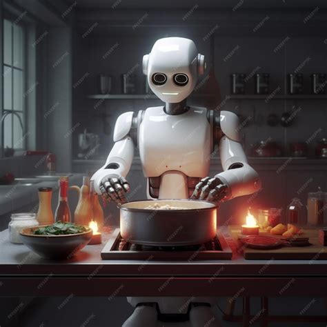 Robot cooking food in a kitchen with a candle lit by a candle ...