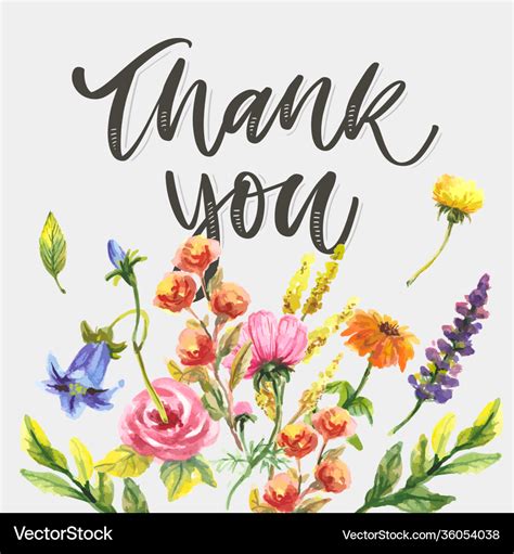 Cute Thank You Script Card Flowers Letter Text Vector Image