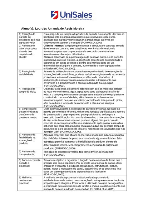 Atividades Lean Construction Exercícios Construção Docsity