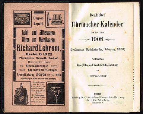 Deutscher Uhrmacher Kalender für das Jahr 1908 Grossmanns