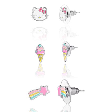 Hello Kitty Girls Silver Plated Stud Earrings Set 3 Pairs