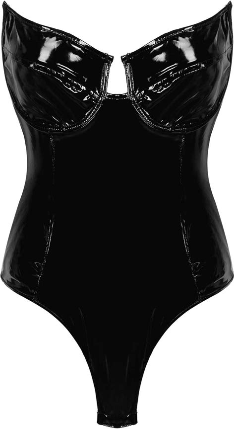 MSemis Damen Wetlook Bodysuit Leder Latex Korsett Korsage Unterwäsche