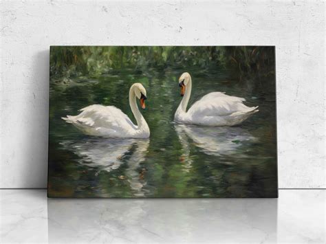 Oil Painting of Two Swans Swimming in A Pond, Digital Print on Canvas, Realistic Reflections ...