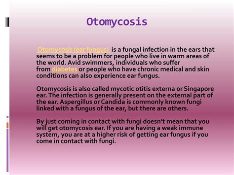 Ppt Otomycosis Causes Symptoms Daignosis Prevention And Treatment Powerpoint Presentation