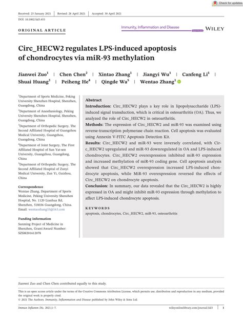 Pdf Circ Hecw Regulates Lpsinduced Apoptosis Of Chondrocytes Via